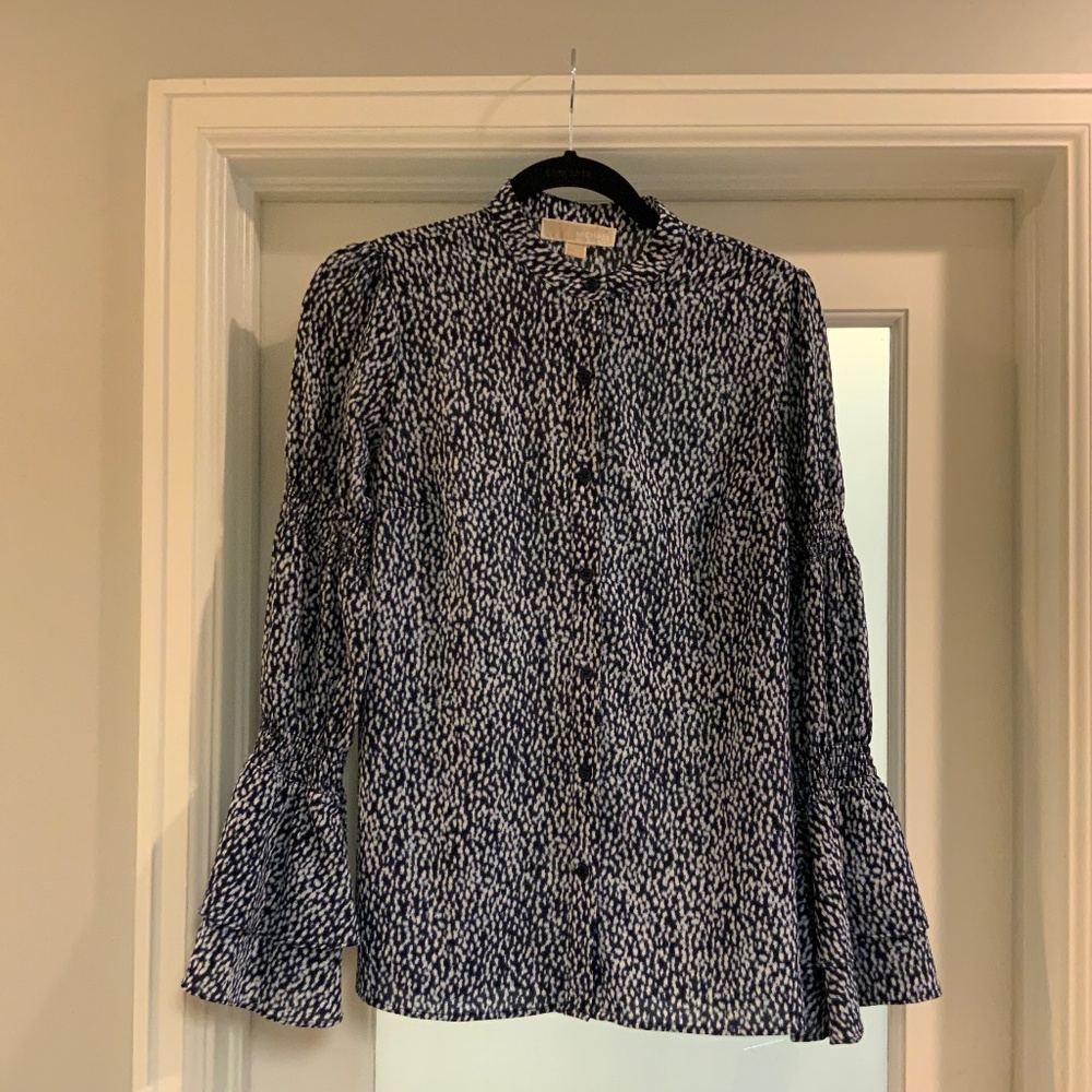 Michael Kors Blue and White Bell Sleeve Mock Neck Top